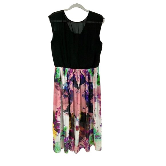 Warehouse Pleated Sleeveless Midi Dress Abstract Black Multi Size 10 Lined Sheer - Picture 1 of 10